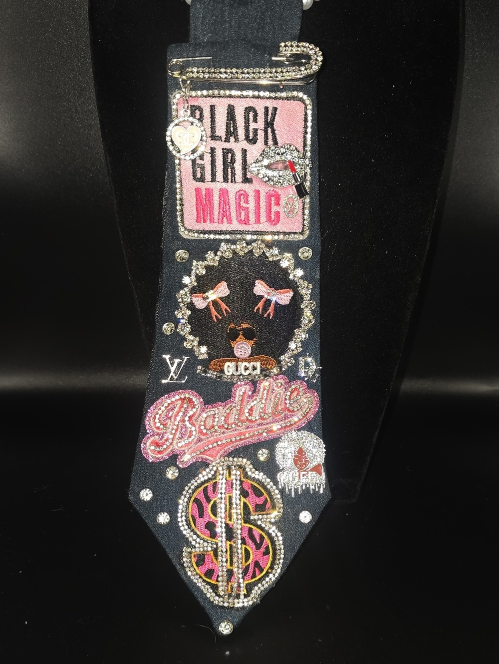 Denim Embellished Baddie & Black Girl Magic  Tie Necklace